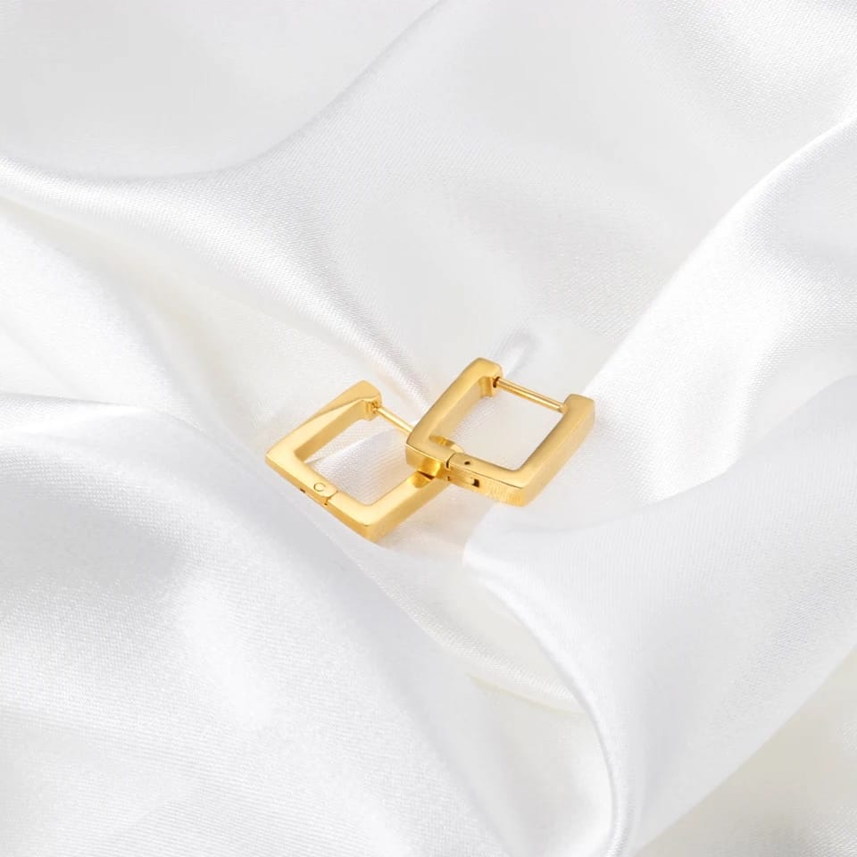 Gold Square Huggies with Black Stone