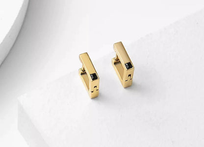 Gold Square Huggies with Black Stone
